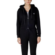 Armani Exchange women black zip-up hoodie with plush-lined hood and subtle white chest logo in soft fabric