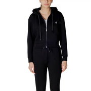 Armani Exchange women black zip-up hoodie with plush-lined hood and subtle white chest logo in soft fabric