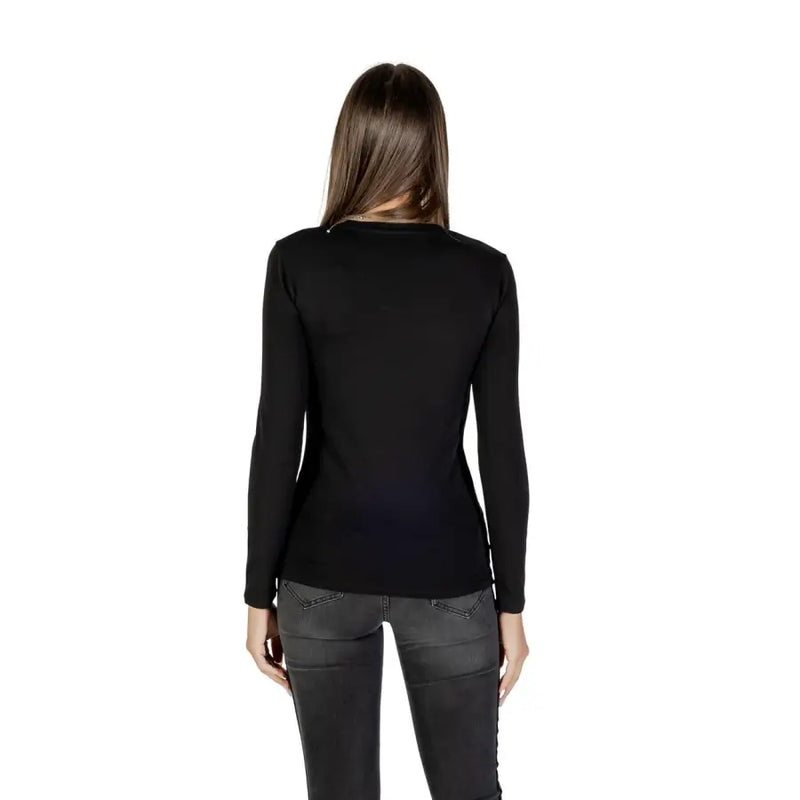 Armani Exchange women black long sleeve fitted round neck t shirt with rhinestones and simple crew neckline