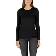 Armani Exchange women black long sleeve round neck t shirt with subtle chest embroidery and rhinestones detail