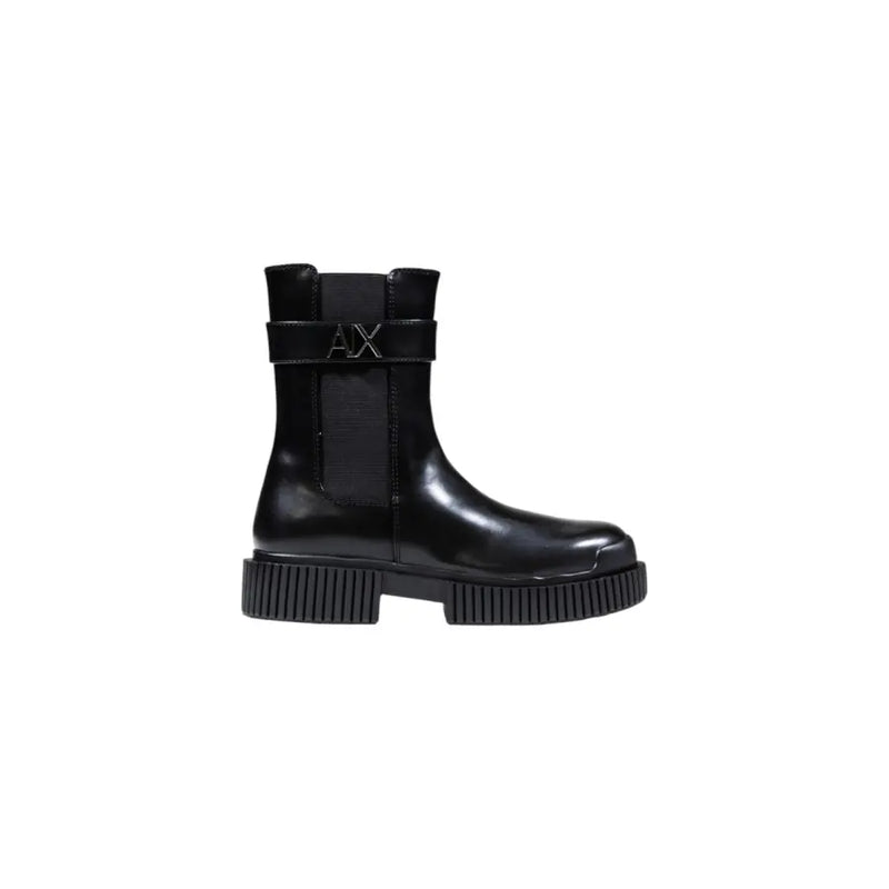 Armani Exchange black leather ankle boot with chunky ribbed sole