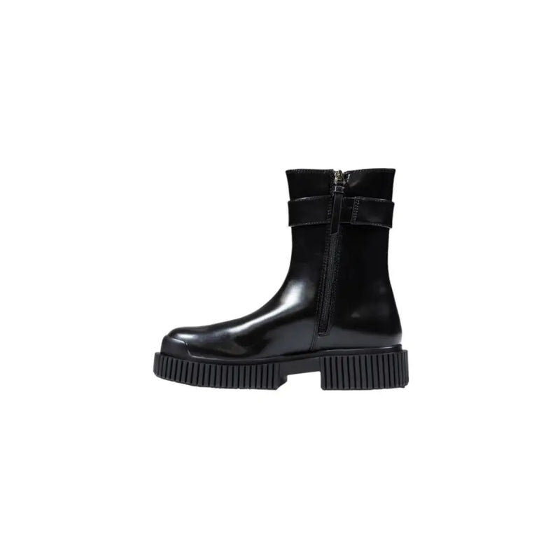 Armani Exchange womens black patent leather ankle boot with chunky ribbed sole and strap