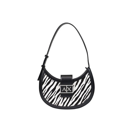 Armani Exchange Sac à main noir en polyester pour femme, imprimé zèbre noir et blanc, design incurvé élégant et plaque logo hache argentée