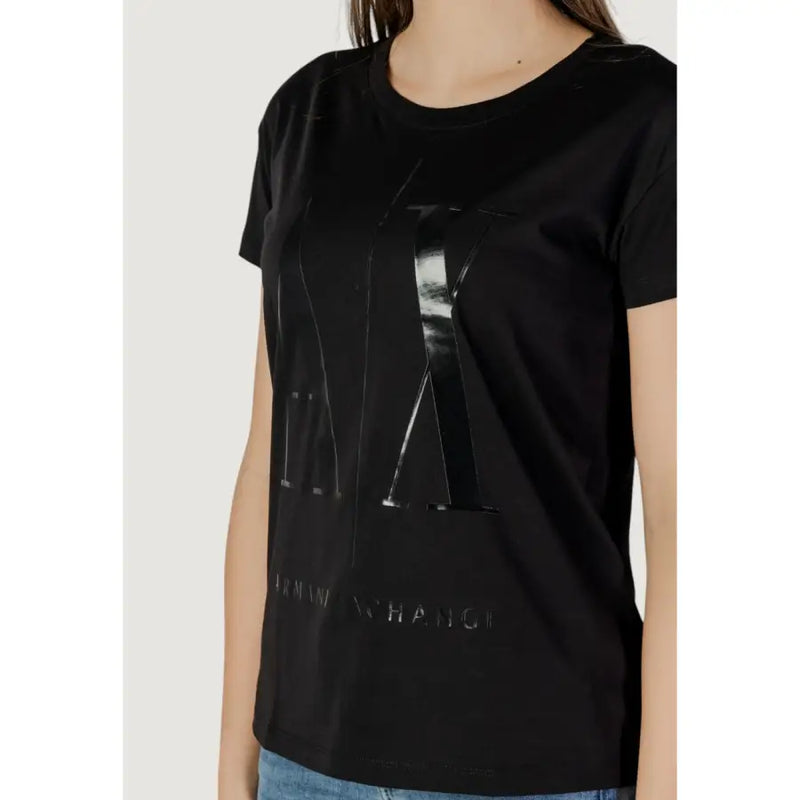 Armani Exchange T-shirt noir à manches courtes pour femme en coton doux avec grand logo Axe noir brillant et imprimé du nom de la marque