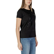 Armani Exchange T-shirt noir à manches courtes pour femme en coton doux avec grand logo brillant et imprimé Armani