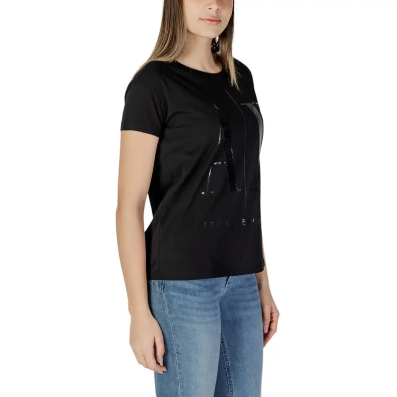 Armani Exchange T-shirt noir à manches courtes pour femme en coton doux avec grand logo brillant et imprimé Armani