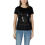 Armani Exchange T-shirt noir pour femme en coton doux avec grand logo argenté réfléchissant sur la poitrine