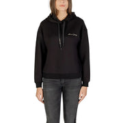 Armani Exchange women black hooded sweatshirt with gold embroidery and matching drawstrings on chest