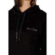 Armani Exchange women black printed hooded sweatshirt featuring embroidered logo and matching drawstrings
