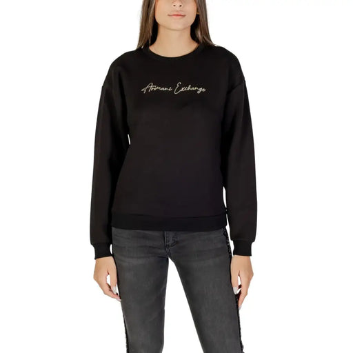 Armani Exchange women black long sleeve round neck sweatshirt with gold embroidered logo across the chest