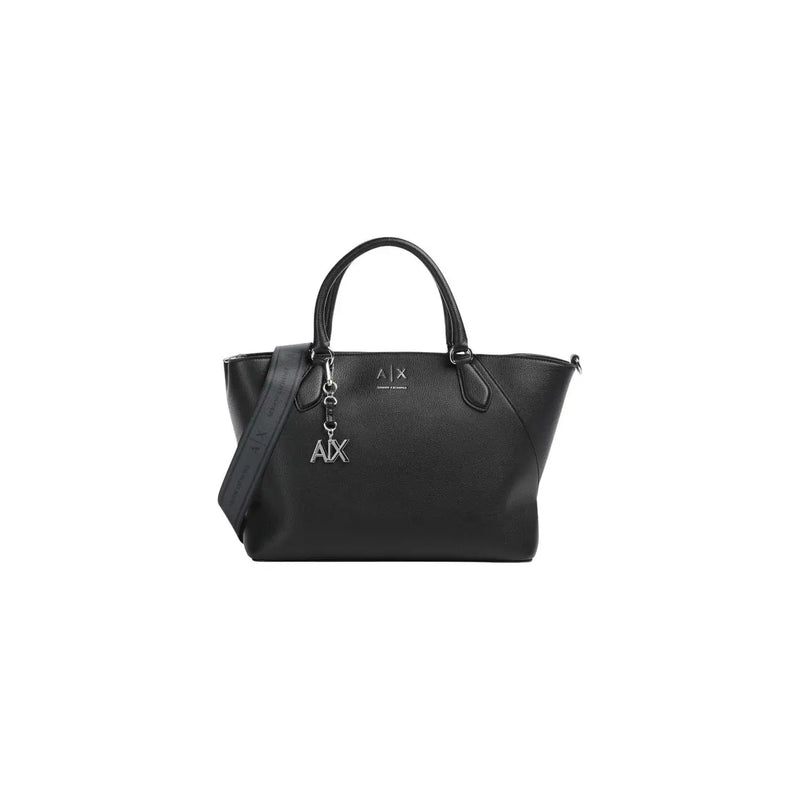 Armani Exchange women black polyurethane tote bag with silver-tone logo hardware and detachable shoulder strap