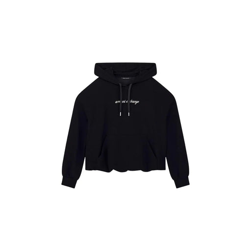 Armani Exchange Sweat-shirt court à capuche noir pour femme en viscose avec logo brodé blanc et cordons de serrage assortis