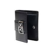 Armani Exchange Portefeuille femme en cuir noir avec boucle logo hache argentée et plusieurs poches 11 x 9 x 3 cm
