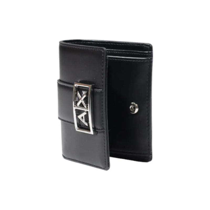 Armani Exchange Portefeuille femme en cuir noir avec boucle logo hache argentée et plusieurs poches 11 x 9 x 3 cm
