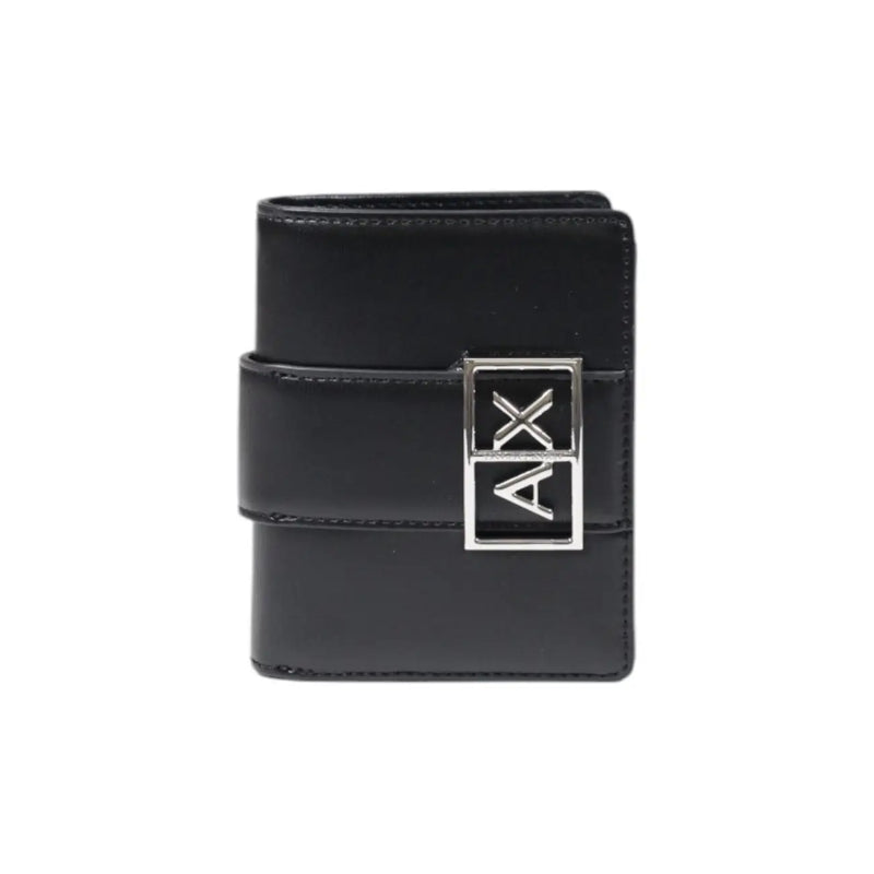 Armani Exchange Portefeuille femme en cuir noir avec poches et boucle logo hache argentée 11 x 9 x 3 cm