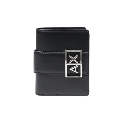 Armani Exchange Portefeuille femme en cuir noir avec poches et boucle logo hache argentée 11 x 9 x 3 cm