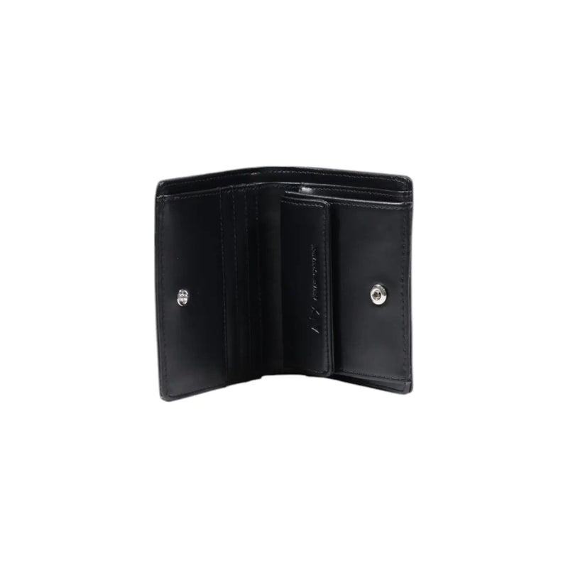 Armani Exchange Portefeuille trois volets en cuir noir pour femme, avec boutons-pression argentés et logo en relief sur le rabat intérieur