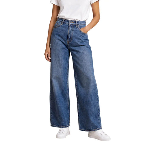 Armani Exchange Jean en coton bleu pour femme, taille haute et coupe large, orné de surpiqûres classiques.
