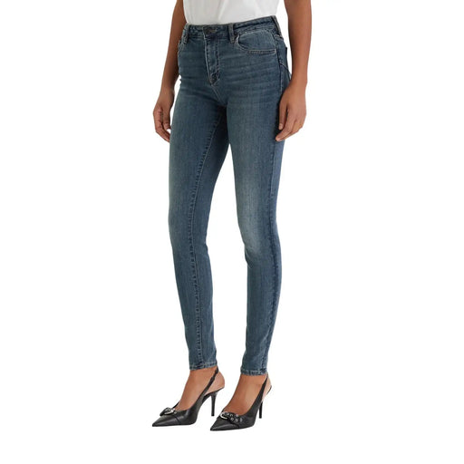 Armani Exchange Jean en denim stretch bleu pour femme, taille haute, coupe slim, délavage bleu moyen avec effet délavé et moustaches subtils