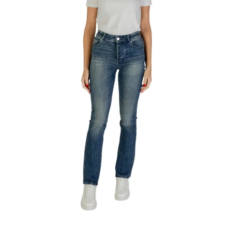 Armani Exchange women blue high-waisted denim jeans with zip button and worn out slightly faded five-pocket design