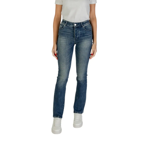 Armani Exchange women blue high-waisted denim jeans with zip button and worn out slightly faded five-pocket design