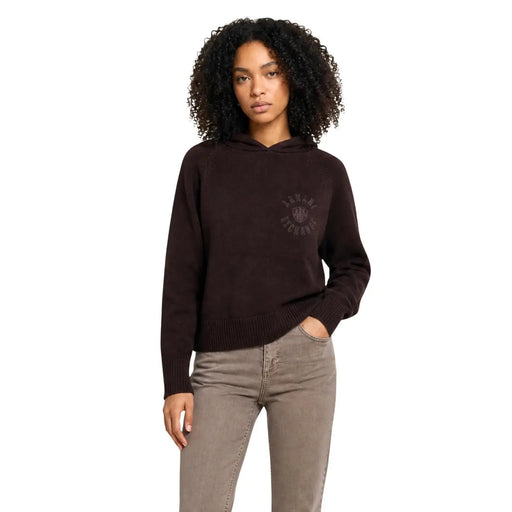 Armani Exchange Sweat à capuche en maille de coton marron foncé pour femme, orné d'un logo circulaire discret sur la poitrine.