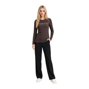 Armani Exchange women brown cotton long sleeve tee with subtle metallic logo print on the chest