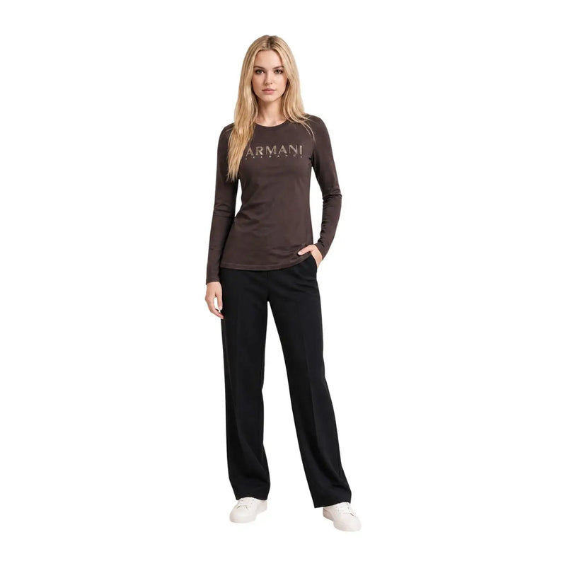 Armani Exchange women brown cotton long sleeve tee with subtle metallic logo print on the chest