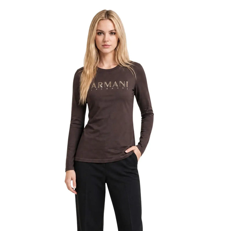 Armani Exchange women brown cotton long sleeved t shirt with round neck and subtle metallic logo across the chest