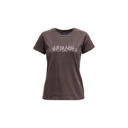 A dark brown armani exchange women cotton round neck t shirt with a silver embellished armani exchange logo across the chest