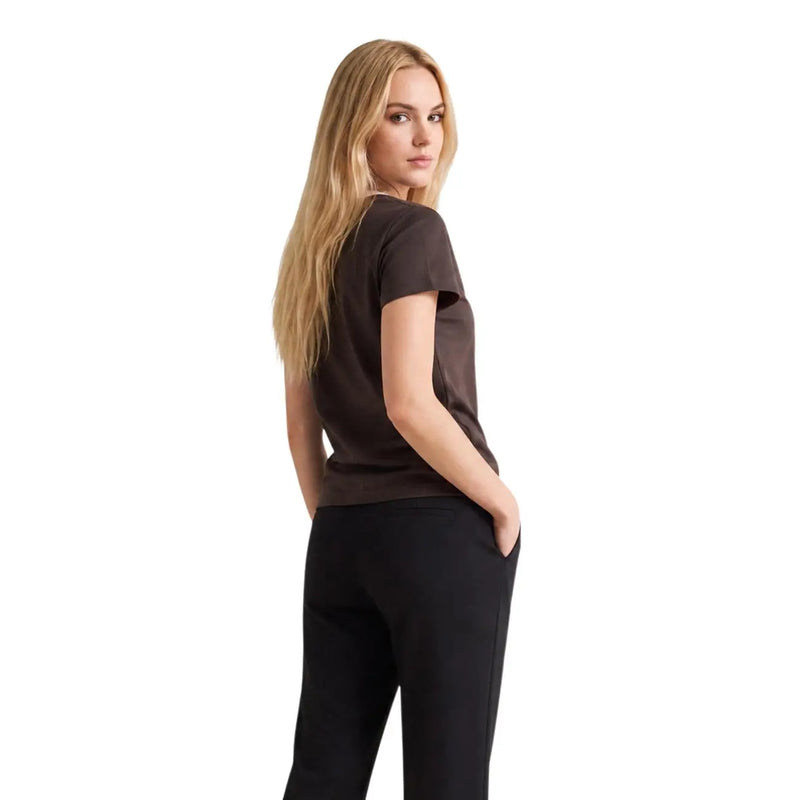 Armani Exchange women brown cotton round neck t shirt with a sleek dark brown short sleeve and subtle seam detailing