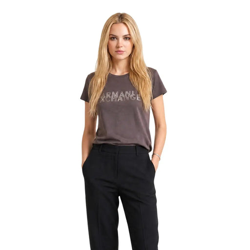 Armani Exchange T-shirt femme en coton marron à col rond, tissu gris et logo discret et scintillant sur la poitrine