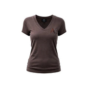 Armani Exchange T-shirt femme en coton marron à col en V avec logo strass scintillant sur la poitrine gauche