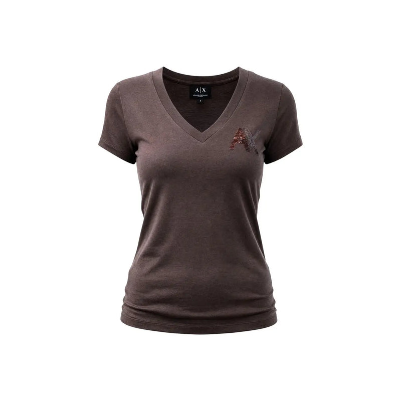 Armani Exchange T-shirt femme en coton marron à col en V avec logo strass scintillant sur la poitrine gauche