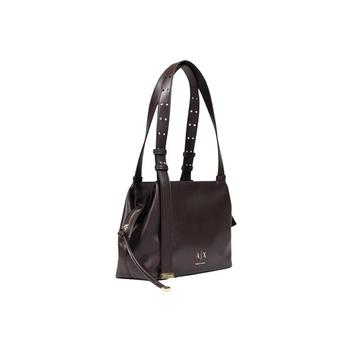 Armani Exchange Sac bandoulière femme en polyester marron avec bandoulières perforées en cuir marron foncé et logo AJX doré