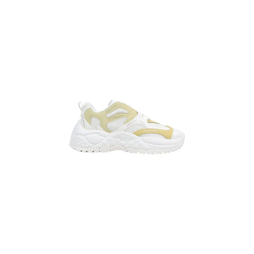 Armani exchange women brown polyester blend sneaker featuring white and pale yellow chunky mesh and synthetic overlays