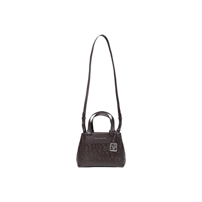 Dark brown leather Armani Exchange women handbag with embossed lettering and silver-tone logo clasp 24 cm