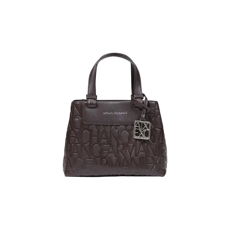 Armani Exchange women brown polyester handbag 24 cm with dark brown leather and embossed logo pattern and silver-tone clasp