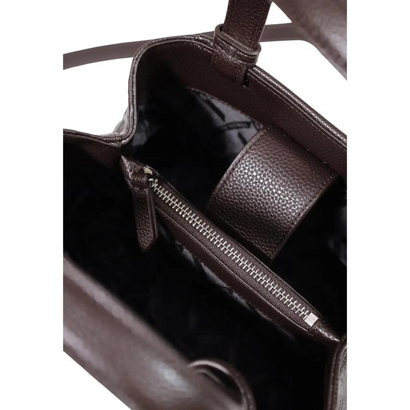 Armani Exchange women brown polyester handbag 24 cm with brown pebbled leather, silver zipper, and black interior lining