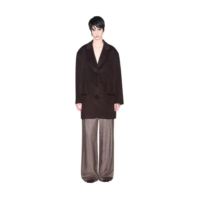Armani Exchange women brown wool blend oversized blazer with classic collar and three front buttons