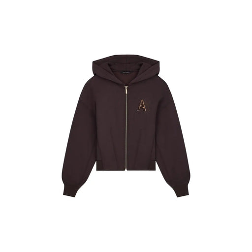 Armani Exchange Sweat-shirt à capuche zippé marron pour femme, en tissu marron foncé avec un logo discret brodé en or sur la poitrine.