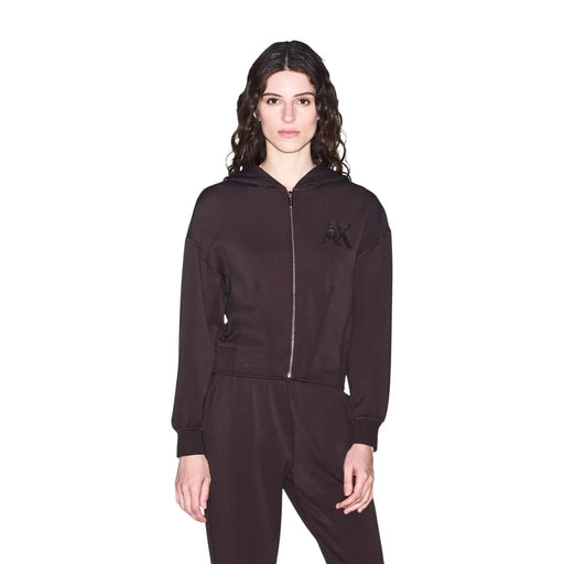 Armani Exchange Sweat-shirt à capuche zippé marron pour femme, doté d'une fermeture éclair marron foncé et d'un logo brodé discret.