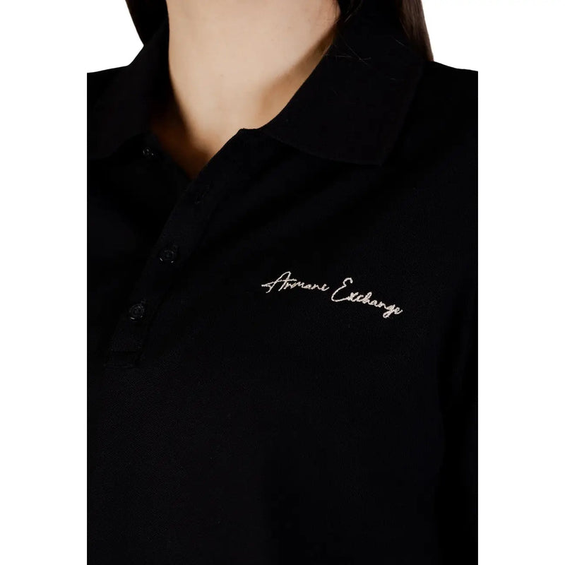 Black Armani Exchange women cotton polo shirt with white embroidered logo on the chest round neck design