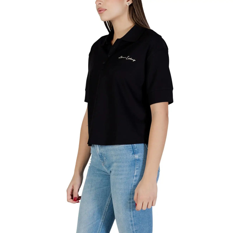 Armani Exchange women cotton black short-sleeved polo shirt with subtle embroidered logo on the chest