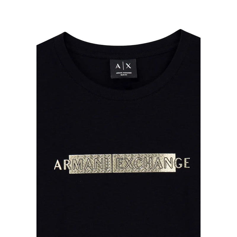 Noir Armani Exchange T-shirt femme en coton coupe ajustée avec logo géométrique argenté métallisé et col rond