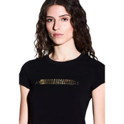 Armani Exchange T-shirt noir en coton pour femme, col rond, avec logo en forme de maillons de chaîne dorés sur la poitrine