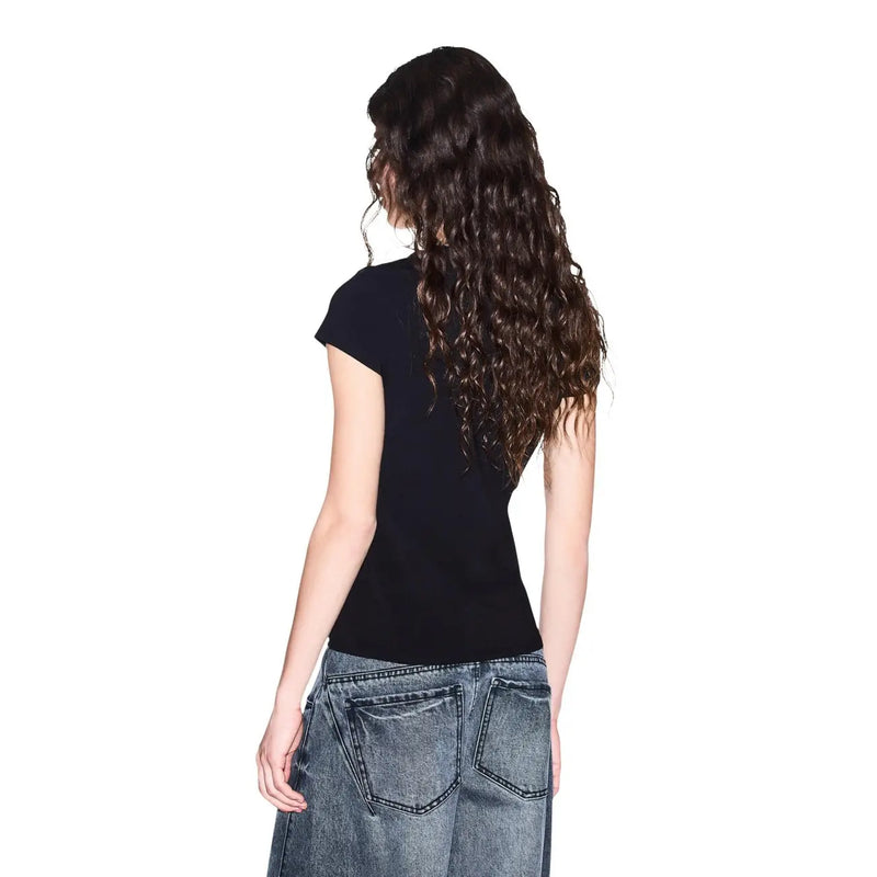 Armani Exchange T-shirt noir à manches courtes et col rond en coton pour femme (vue de face)