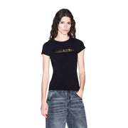 Noir armani exchange T-shirt femme en coton à col rond avec logo doré brodé sur la poitrine