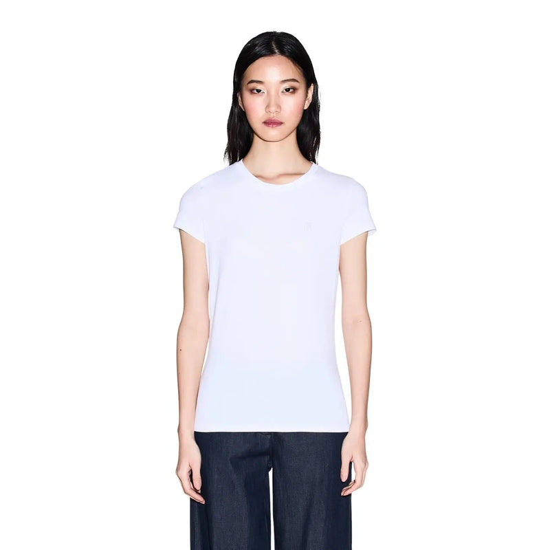 Armani Exchange women cotton round neck white t shirt with short sleeves and smooth minimalist design