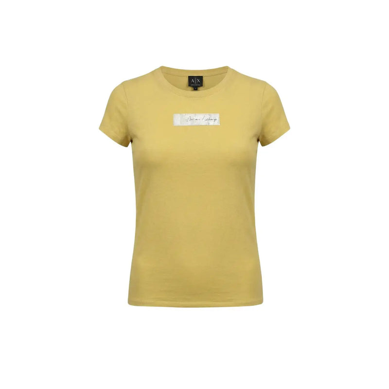 Armani Exchange women yellow cotton short-sleeved t shirt with round neck and white rectangular patch with cursive text